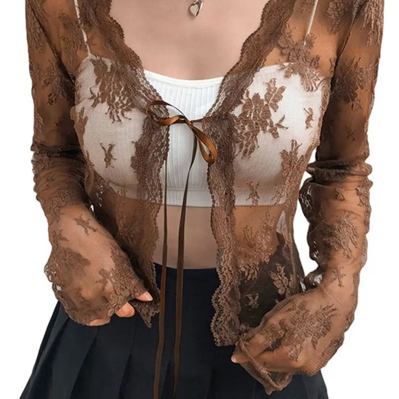 Brown Sheer Lace Cardigan - Picture 3 of 4